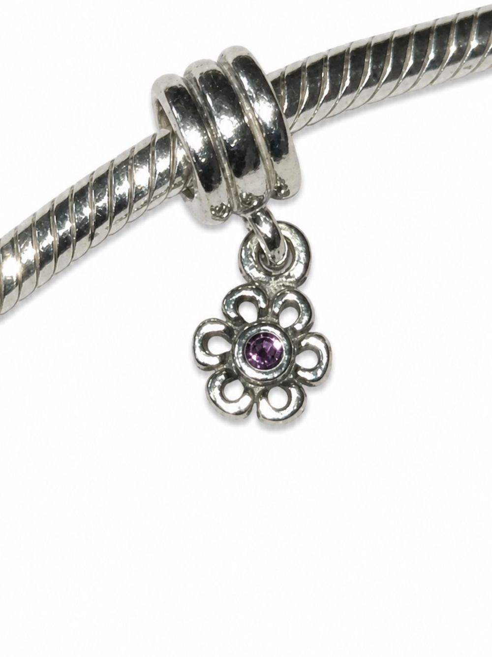 Vintage Pandora Sterling Silver Flower Charm Pendant with Purple Gem